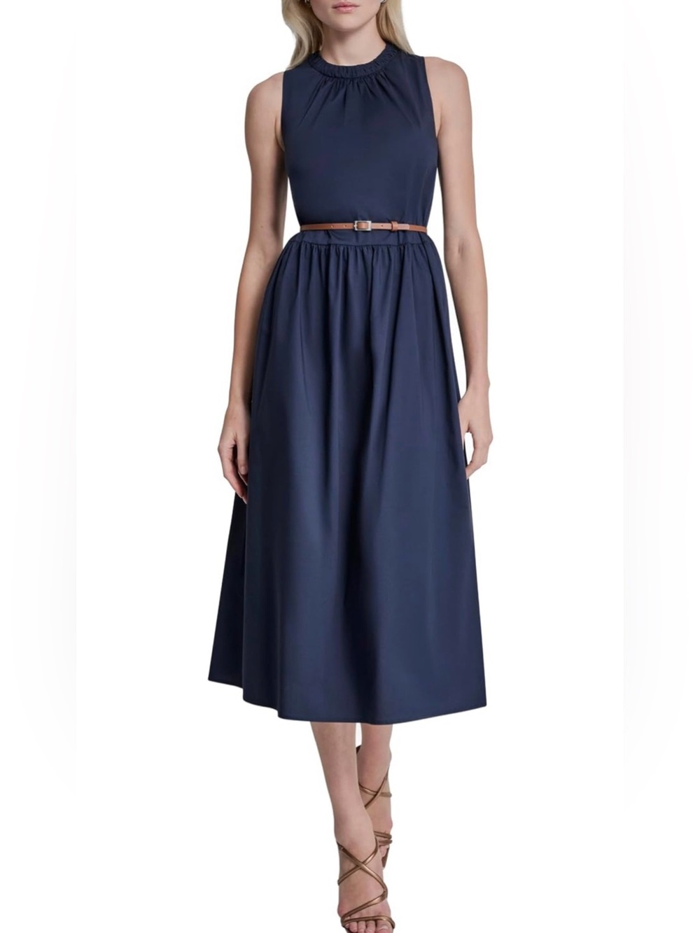Navy Sleeveless Midi Dress with Gathered Waist